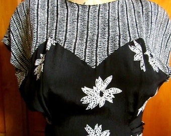 Vintage Carole Little party dress black white prints pencil skirt 80s disco cocktail party dress size 6-8 sweetheart over shirt sleeve rare