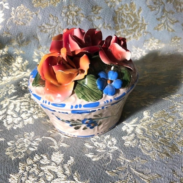 Vintage Capodimonte covered bowl trinket dish marked Italy colorful ceramic flowers on lid hood shape cottage core decor Italian kitchenb