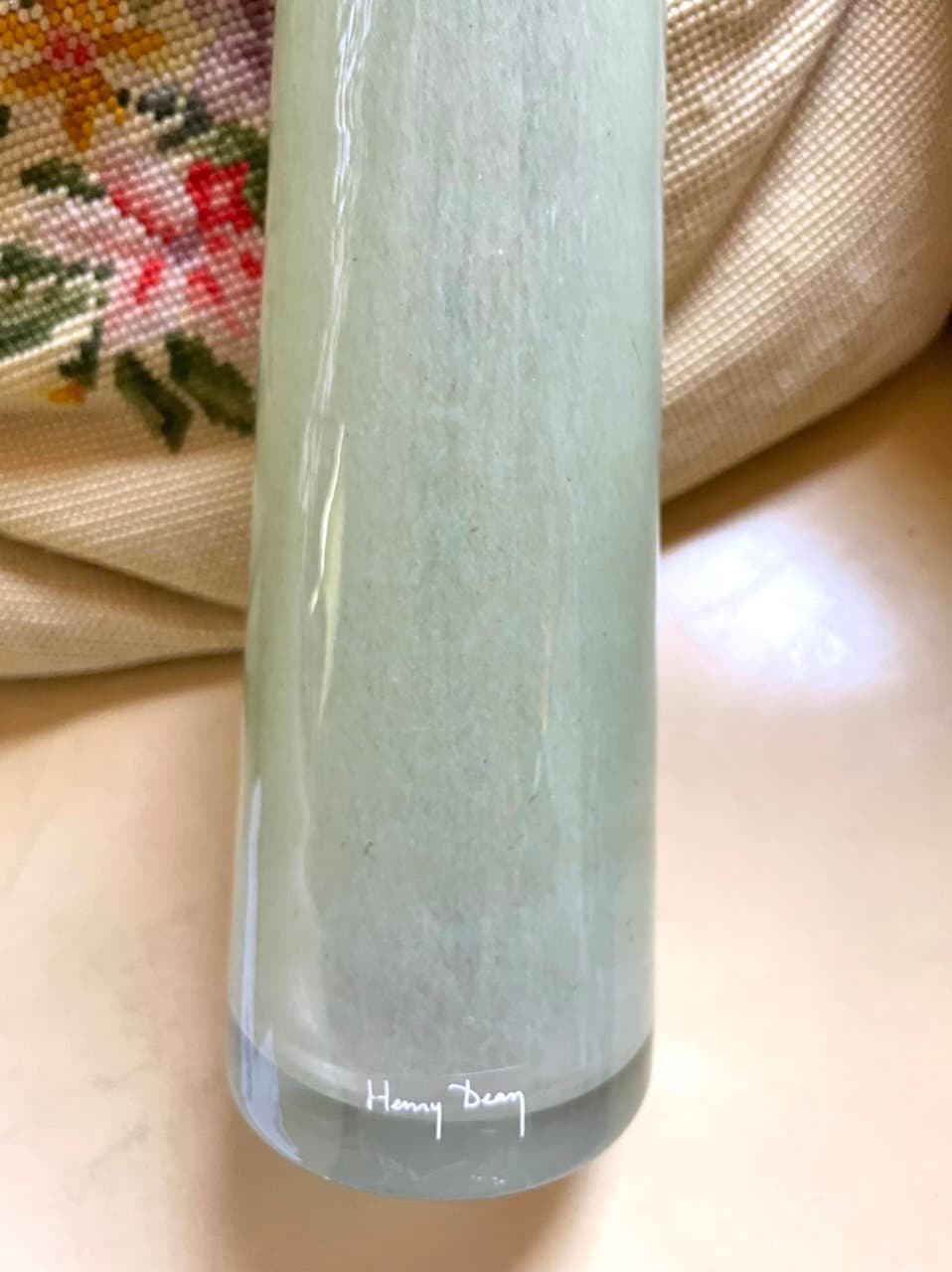 Signed Henry Dean Art Glass Tube Vase, Greenish Yellow, Modern