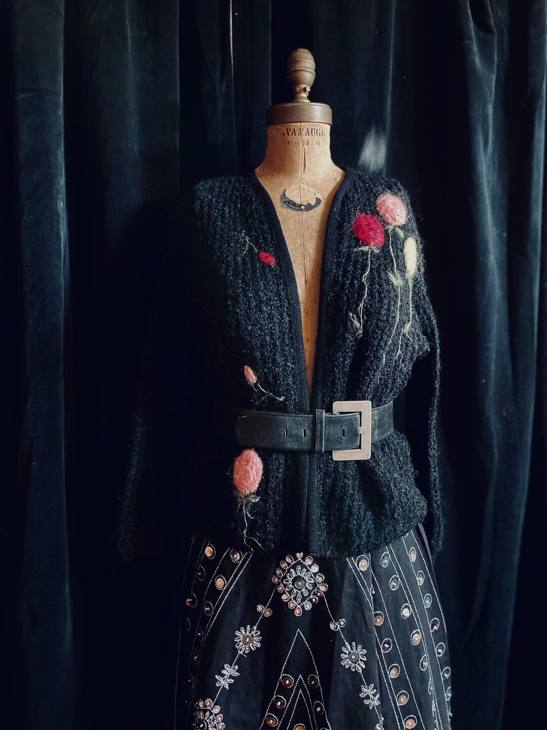 Vintage 50s Mohair Sweater Cardigan Black With Red and Pink