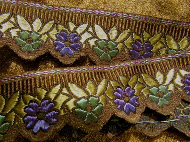 Antique trim gold green purple vintage trim floral gold never used trim one yard old mercantile store trim