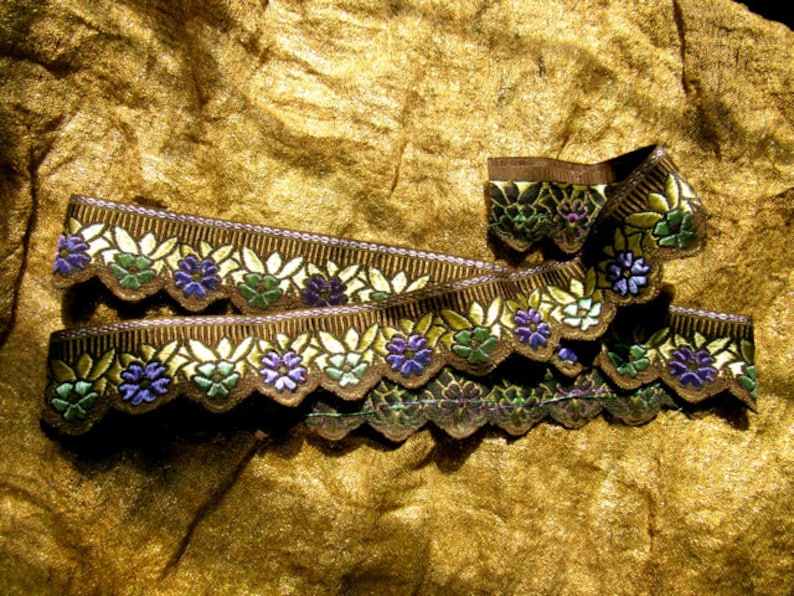 Antique trim gold green purple vintage trim floral gold never used trim one yard old mercantile store trim