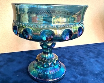 1970s Indiana Carnival Glass pedestal candy dish bowl 5” tall htf teal blue