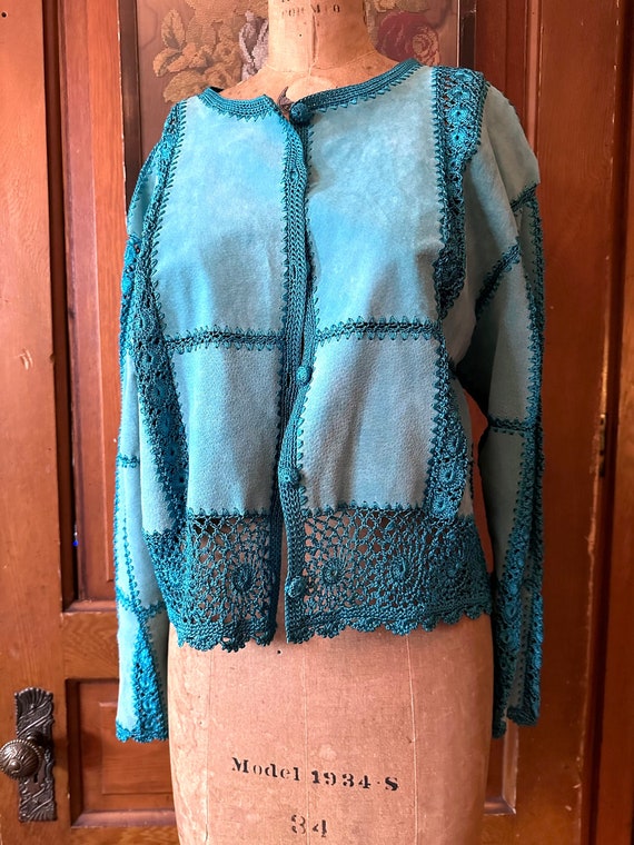 Vintage S M H Boutique suede and crochet jacket XL