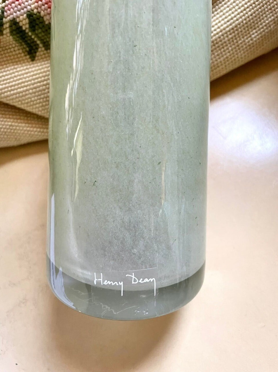 Signed Henry Dean Art Glass Tube Vase, Greenish Yellow, Modern
