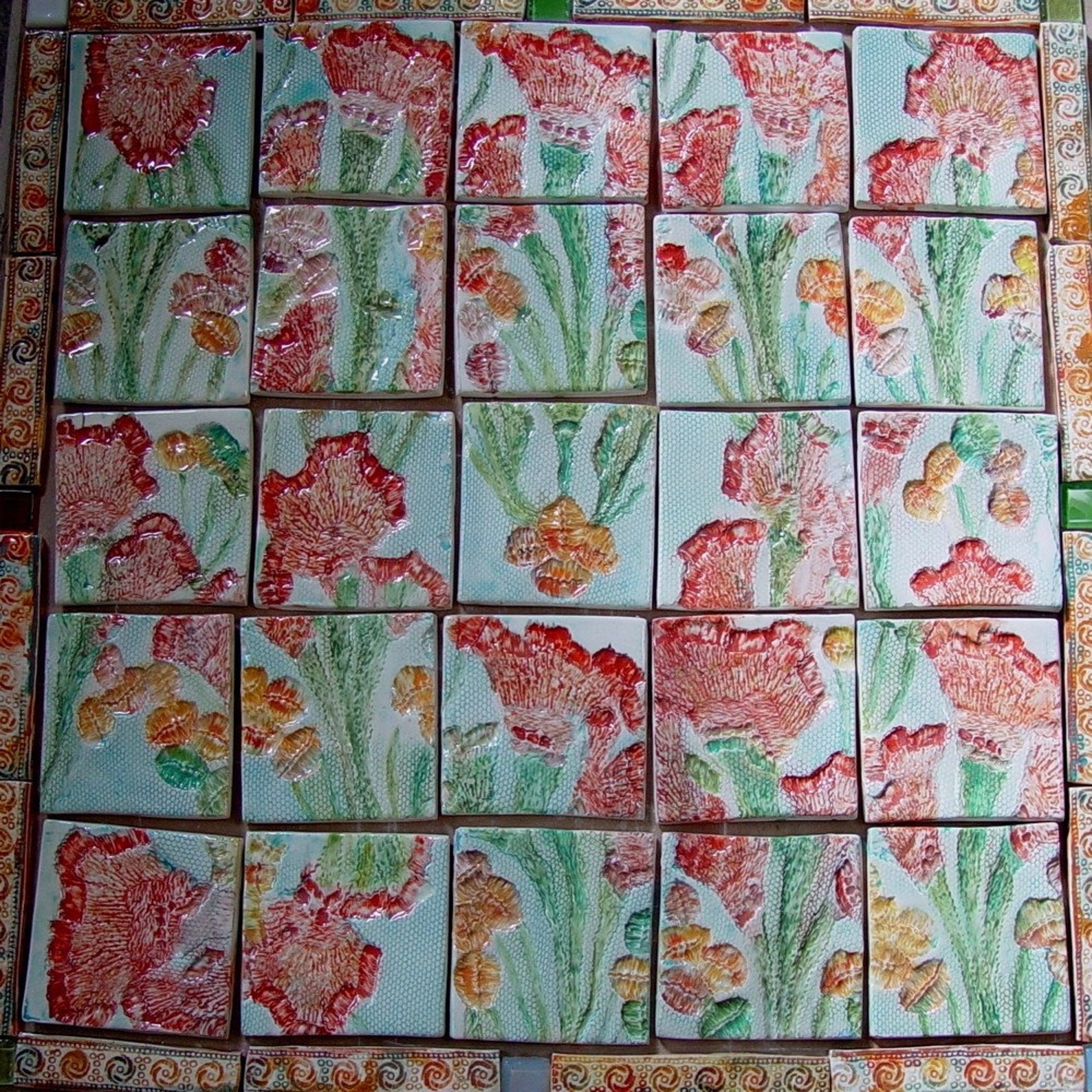 Handmade Tile Mural, Porcelain Tile Mural, Original Tile Mural, Botanical Motif Tile Mural, Art