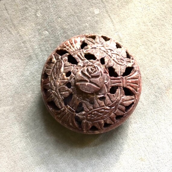 Carved soapstone round trinket box momentous cont… - image 6