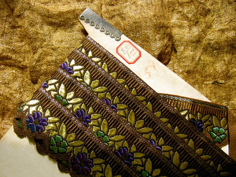 Antique trim gold green purple vintage trim floral gold never used trim one yard old mercantile store trim