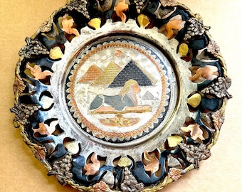 Vintage Egyptian Sphinx Wall Plate: Silver, Copper & Brass, 9.5"
