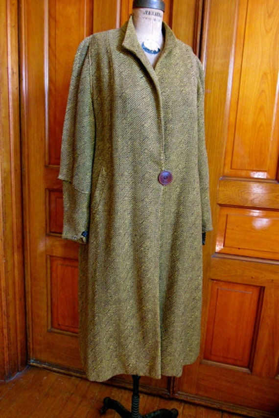 1920s 30s wool coat, brown yellow tweed long coat,