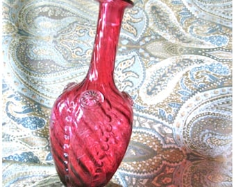 Vintage Cranberry Art Glass Decanter with Stopper, Rigaree Etching, 1950s