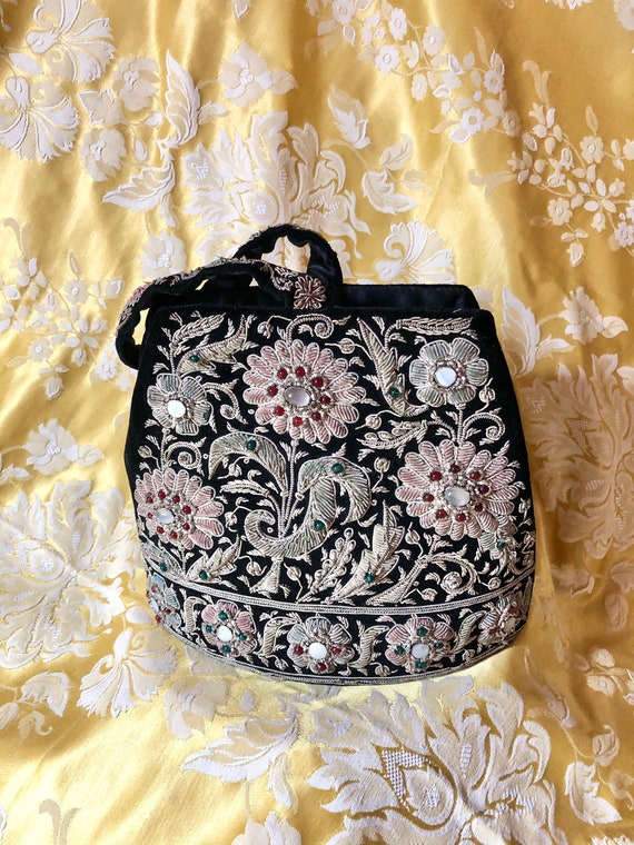 Bolso de mano vintage de mu eca Zardozi. Bordado con hilo de plata