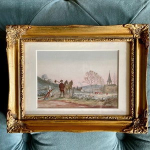 Two antique 1880s original chromolithograms museum quality framing moody landscapes two library room decor image 2