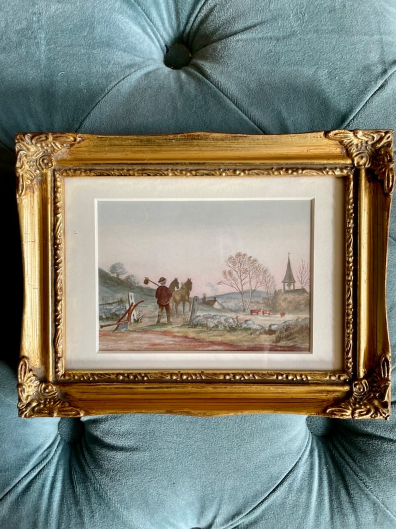 Two antique 1880s original chromolithograms museum quality framing moody landscapes two library room decor image 2