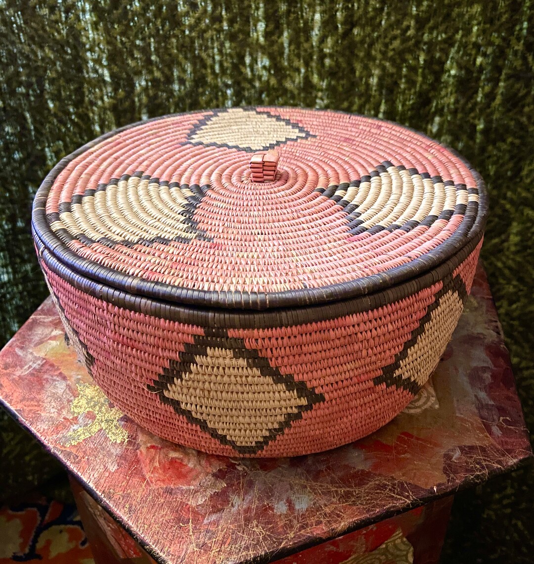 Vintage Woven Container W Lid Round Attributed to South Africa Mcm Decor Unique Rare Made by