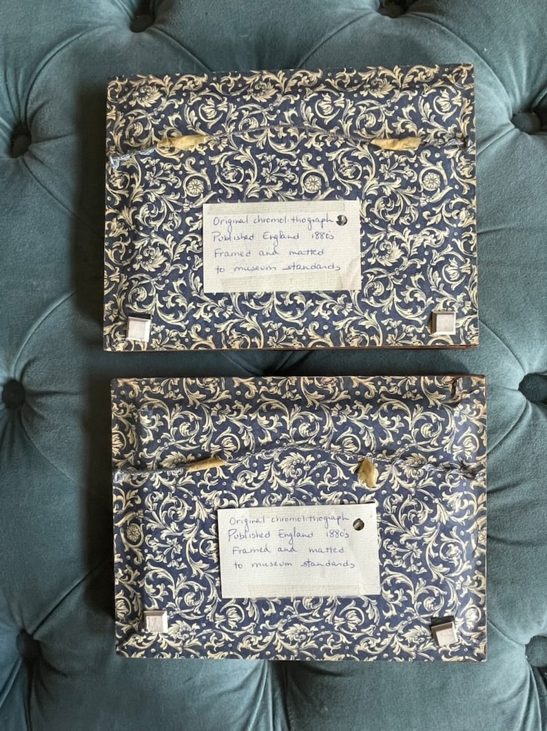 May include: Two framed chromolithographs with a dark blue and gold floral pattern. The frames are made of wood and have a simple design. The text on the back of the frames reads "Original chromolithograph Published England 18863 Framed and matted to museum standards".