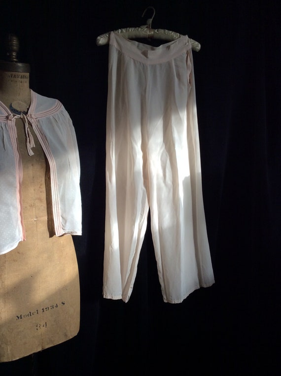 40s pajama pants rayon button waist pale pink ankl