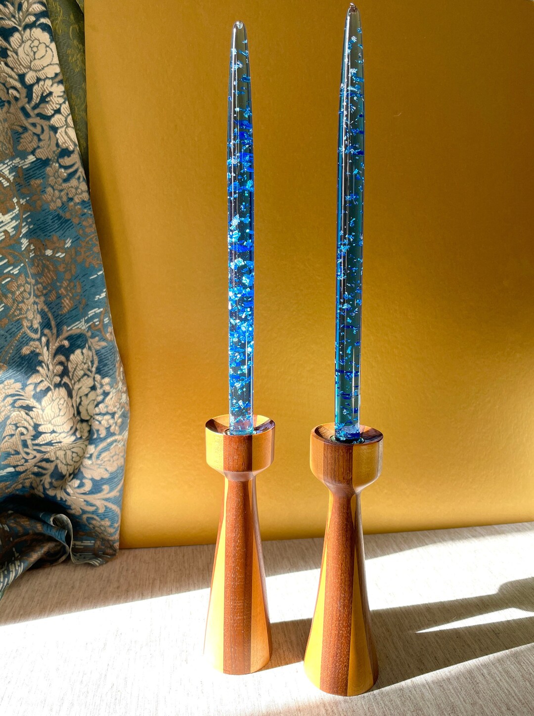 Vintage Wood Candle Holders Made in Demark Two Tone Wood Danish Modern