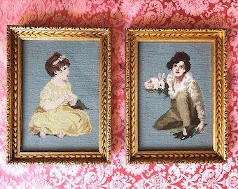 2- Vintage needlepoint after Boy with Rabbit and Age of Innocence by Henry Raeburn gold wood frames well done mid century decor