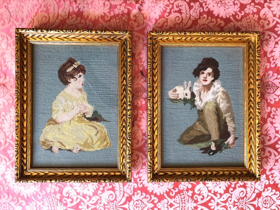 2- Vintage Needlepoint After Boy With Rabbit and Age of Innocence