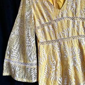 Vintage jumpsuit lace over yellow fabric bell sleeves wide legs size 10-12 deep v neck stunning original funky sixties vibe unique colorful