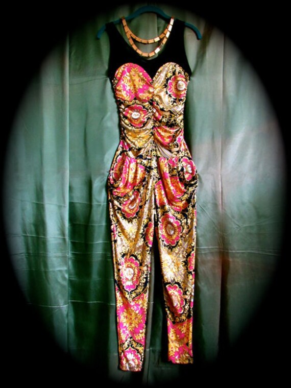 Slick 80s jumpsuit, slippery print gold metallic p
