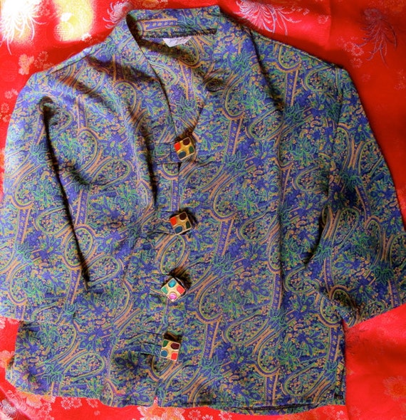 purple paisley top, asian style blouse, asian labe