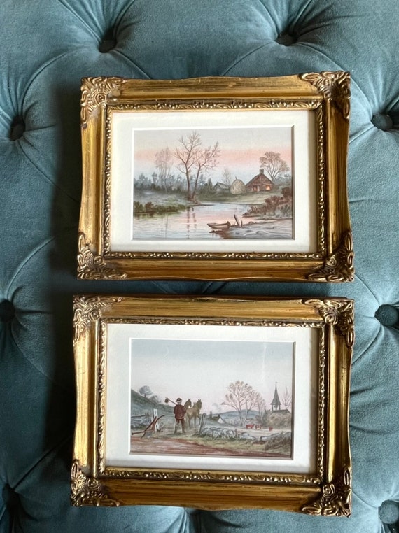 Two antique 1880s original chromolithograms museum quality framing moody landscapes two library room decor