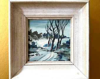 1950s George Seidman painting framed 8x8 stamped on back and signed winter scene eclectic decor distressed 50s frame known artist good shape