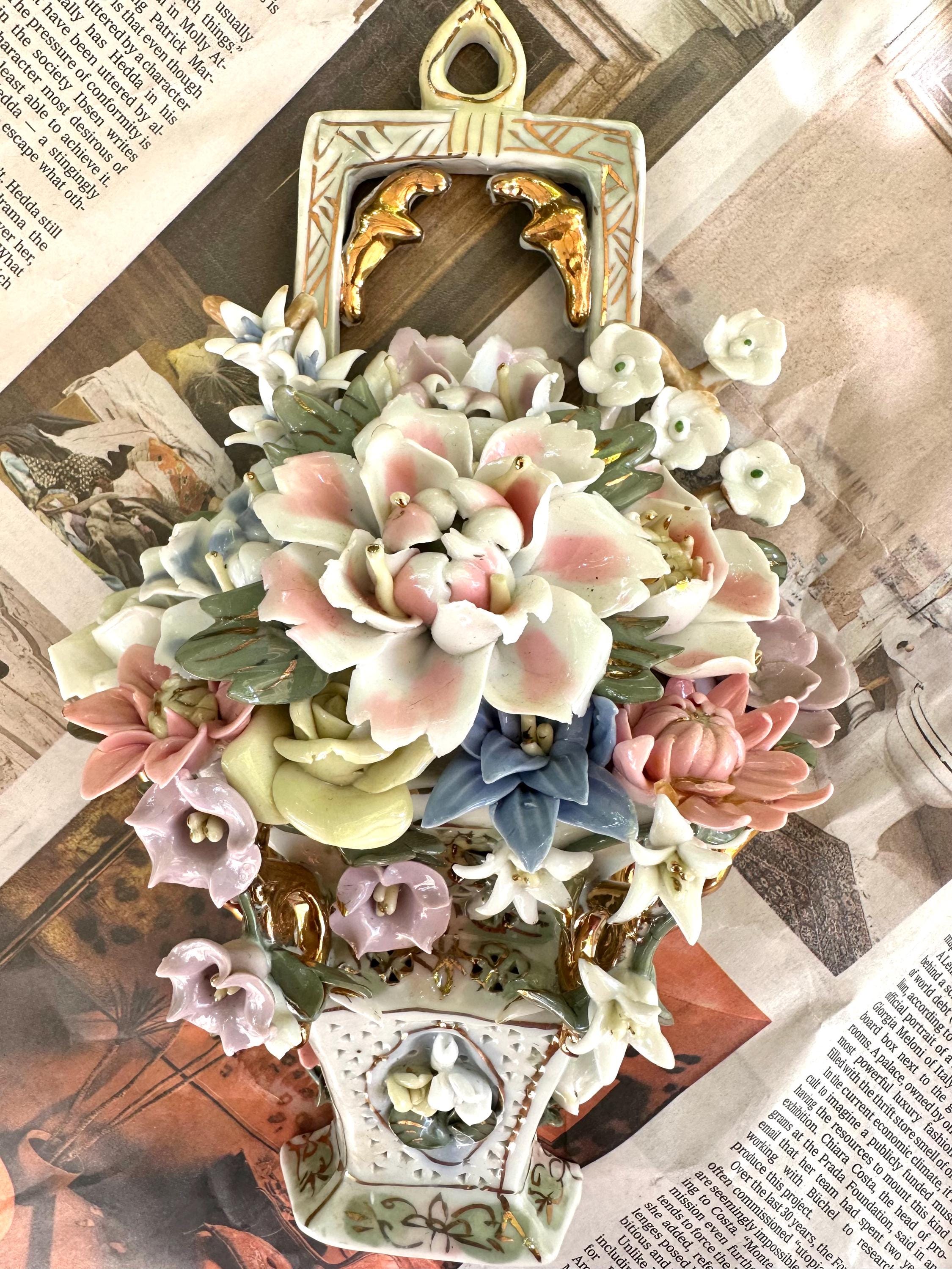 Antique Capodimonte Porcelain Flower Basket Wall Art: Victorian