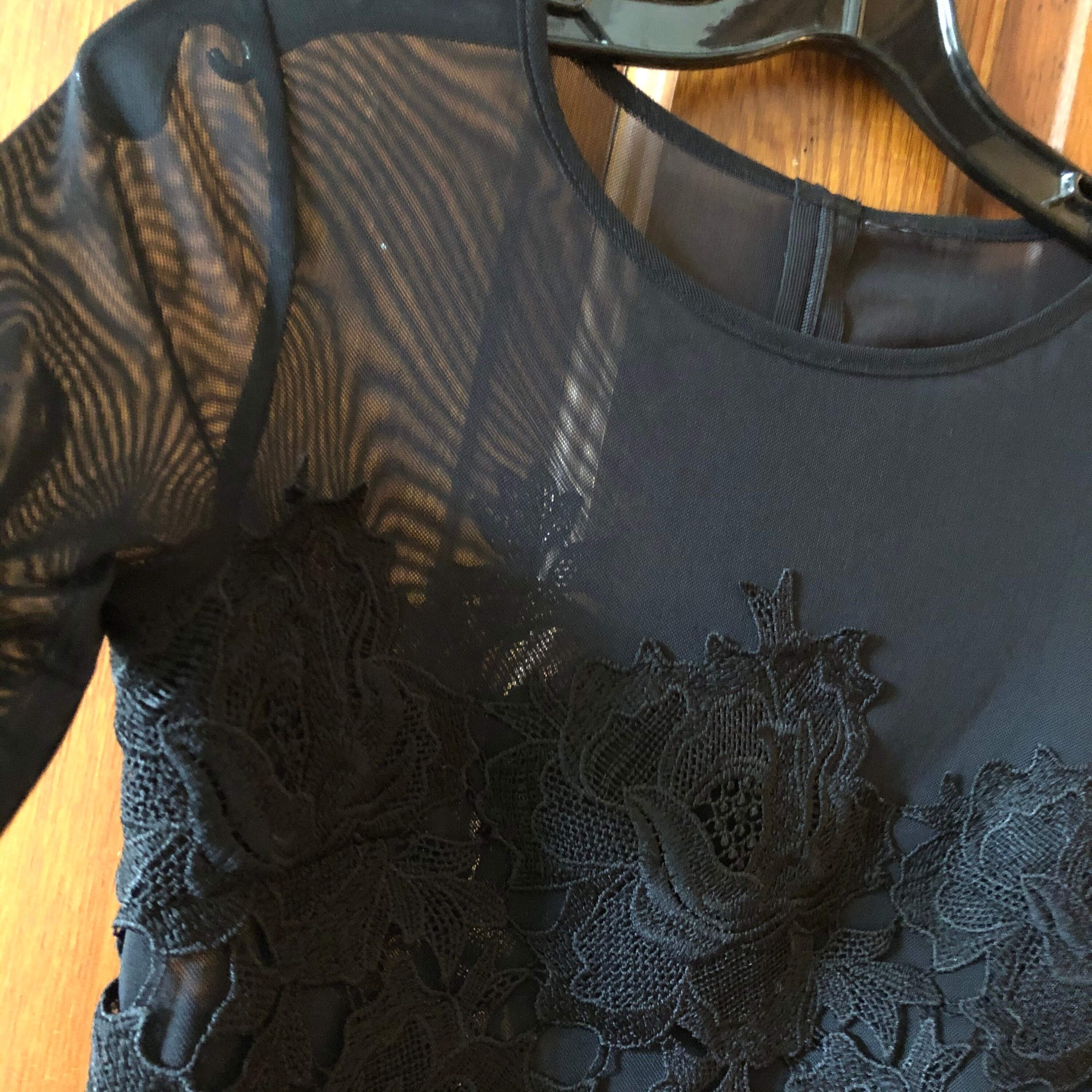 Vintage Crop Top Black Mesh Black Lace Zip Back Long Sleeves