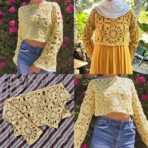 May include: Four images showcasing handmade crochet tops. The tops are a light yellow color, featuring a floral pattern. One top is a cropped style with long, flared sleeves. Another is worn with a yellow skirt and white scarf. The third is a scarf with matching floral pattern.