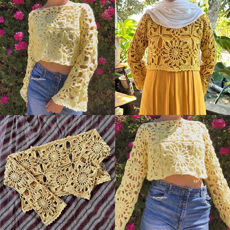 May include: Four images showcasing handmade crochet tops. The tops are a light yellow color, featuring a floral pattern. One top is a cropped style with long, flared sleeves. Another is worn with a yellow skirt and white scarf. The third is a scarf with matching floral pattern.