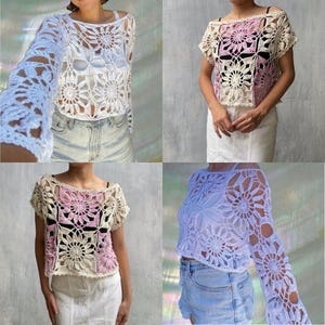 May include: Four crochet tops in white, pink, and light blue. The tops feature floral patterns and openwork designs. Two tops have long sleeves, while the other two have short sleeves. The tops are worn with denim shorts and a white skirt.