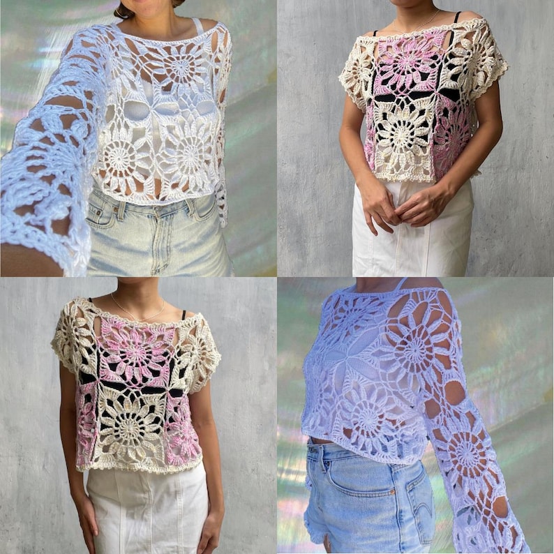 May include: Four crochet tops in white, pink, and light blue. The tops feature floral patterns and openwork designs. Two tops have long sleeves, while the other two have short sleeves. The tops are worn with denim shorts and a white skirt.