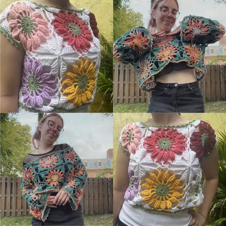 May include: A collection of four images showcasing colorful, handmade crochet tops. Each top features a floral design with various colors, including pink, red, yellow, and purple, set against a white background. The tops have short sleeves and a round neckline.