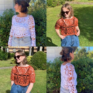 May include: Four images showcasing crochet tops. Two are white, one with long sleeves, the other with short sleeves. The other two tops are a burnt orange color, both with short sleeves. All tops feature a floral design and are cropped.