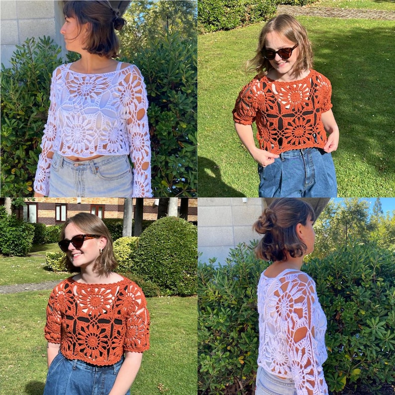 May include: Four images showcasing crochet tops. Two are white, one with long sleeves, the other with short sleeves. The other two tops are a burnt orange color, both with short sleeves. All tops feature a floral design and are cropped.