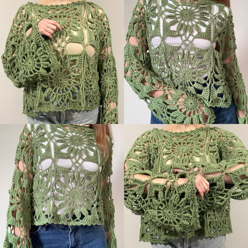 May include: A green crochet top with long sleeves and a floral design. The top has a round neckline and open sections throughout the design. The crochet work is detailed and intricate, creating a unique and textured look. The top is a bohemian style.
