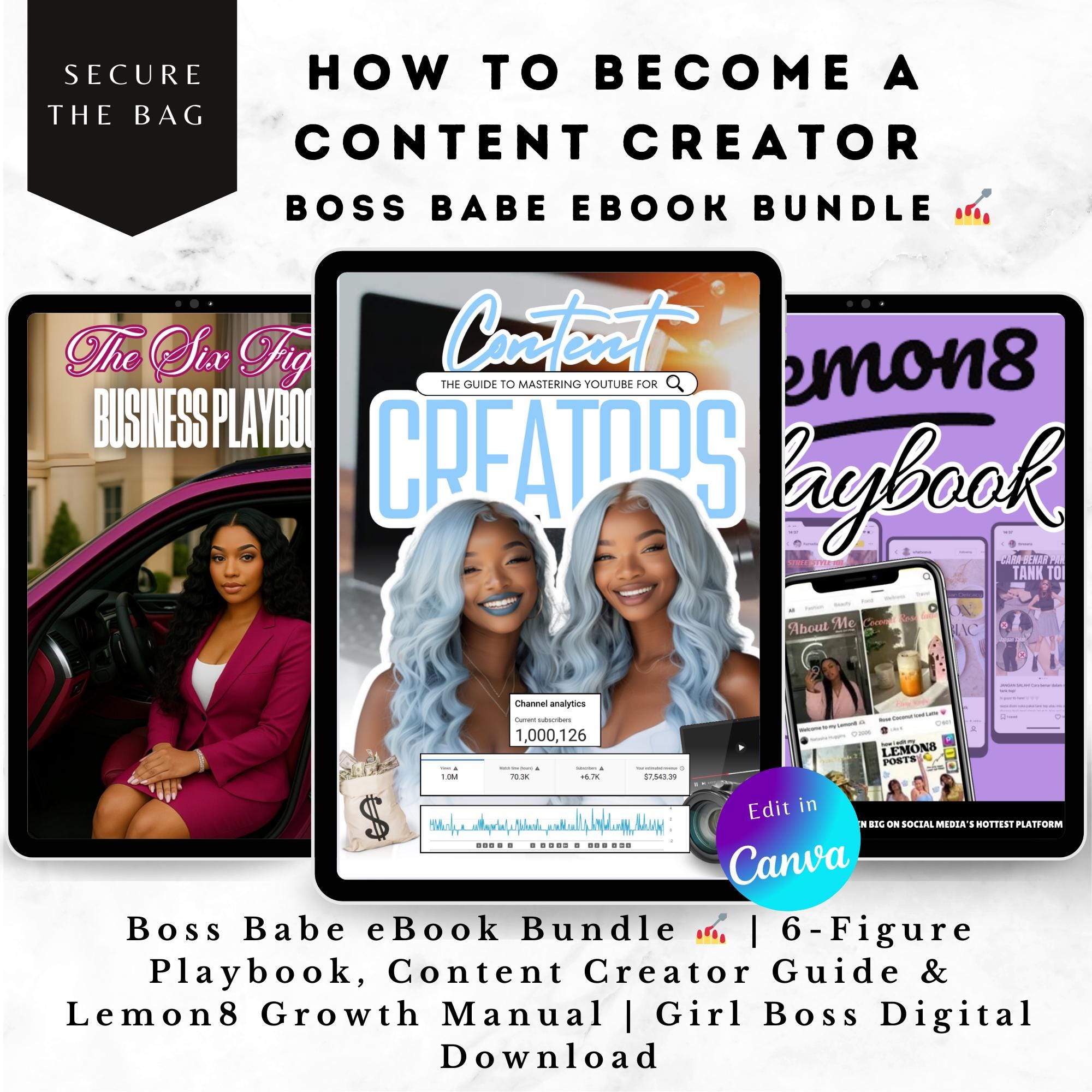 Content Creator PLR Bundle  | 6-Figure Playbook, Content Creator Guide & Lemon8 Growth Manual | Girl Boss Digital Download