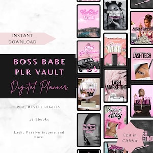 May include: A digital planner product image with a pink and black theme. The text includes "BOSS BABE PLR VAULT Digital Planner" and other ebook titles like "Rich off Etsy" and "Lash Tech." The image also says "Instant Download."