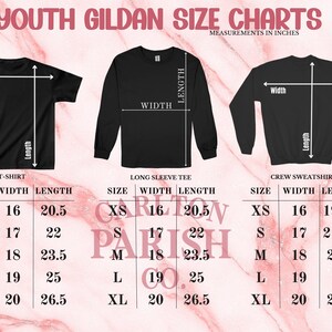 three different youth gildan size charts, each showing the measurements in inches for a T-shirt, long sleeve tee, and crew sweatshirt.