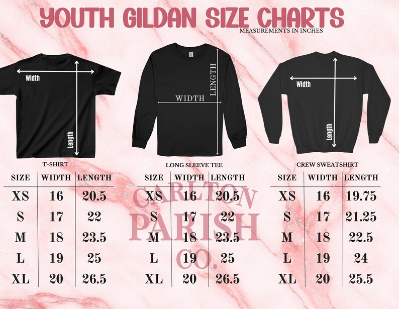 three different youth gildan size charts, each showing the measurements in inches for a T-shirt, long sleeve tee, and crew sweatshirt.