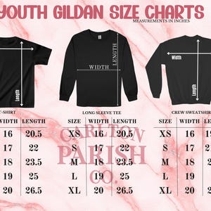 three different youth gildan size charts, each showing the measurements in inches for a T-shirt, long sleeve tee, and crew sweatshirt.