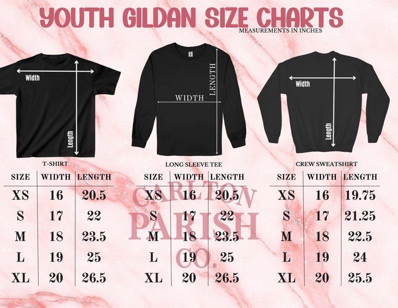 three different youth gildan size charts, each showing the measurements in inches for a T-shirt, long sleeve tee, and crew sweatshirt.