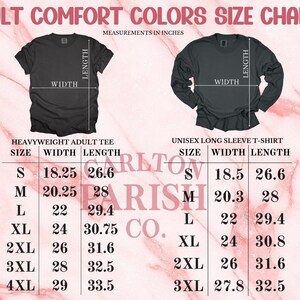 two size charts for adult comfort t-shirts. The charts provide measurements for different sizes, including S, M, L, XL, and XL, along with their corresponding widths. The charts are designed to help customers determine the appropriate size based on their height and body measurements.
