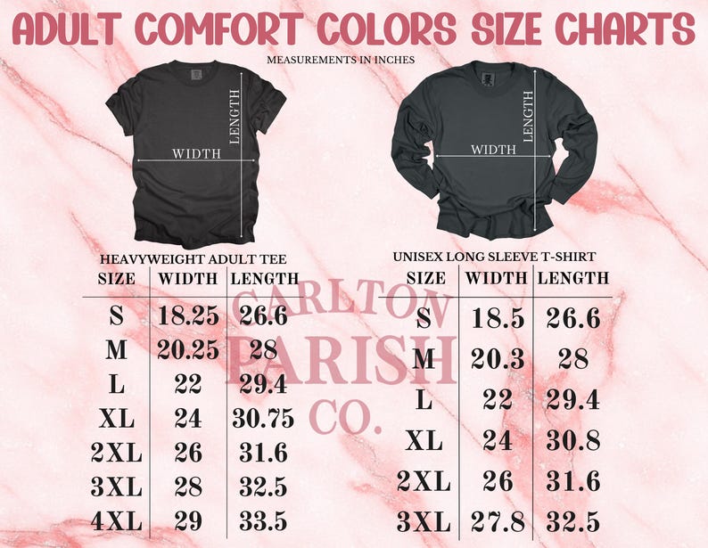 two size charts for adult comfort t-shirts. The charts provide measurements for different sizes, including S, M, L, XL, and XL, along with their corresponding widths. The charts are designed to help customers determine the appropriate size based on their height and body measurements.