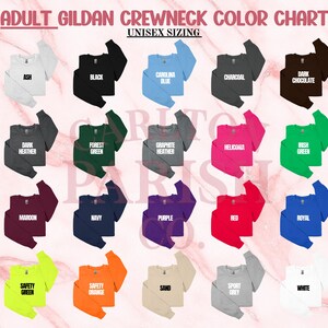 a color chart for adult gilt crew neck shirts, showing various color options such as ash, black, charcoal, dark chocolate, forest green, hemlocia, mint, maroon, navy, nov, purple, red, royal, safety green, orange, grey, and white.