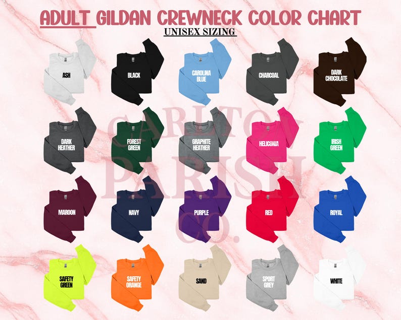 a color chart for adult gilt crew neck shirts, showing various color options such as ash, black, charcoal, dark chocolate, forest green, hemlocia, mint, maroon, navy, nov, purple, red, royal, safety green, orange, grey, and white.
