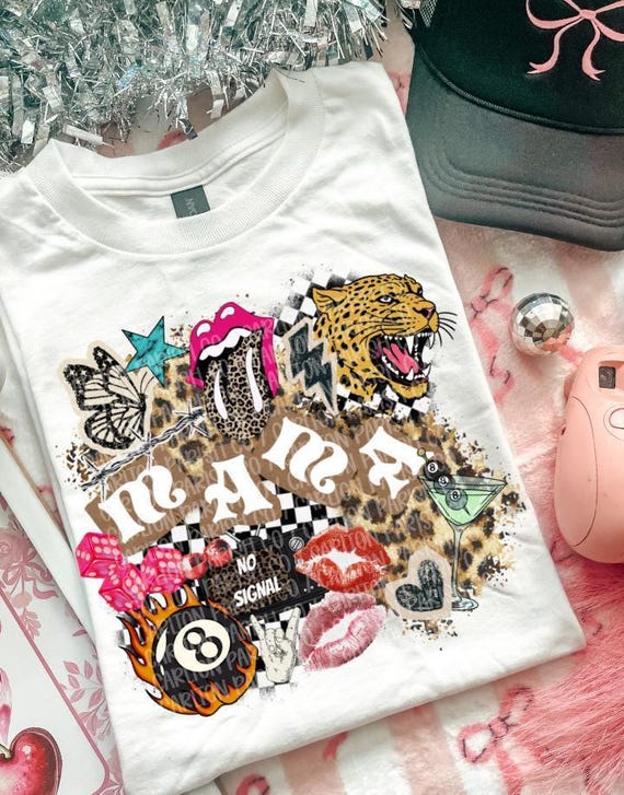 Retro Mama Collage Graphic Tee, Edgy Leopard Checkered Rockstar Mom Shirt